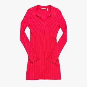 Helmut Lang Dress Womens Medium Hot Pink Ribbed Knit Collared Polo Bodycon Mini